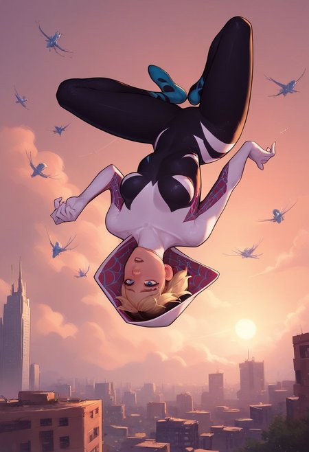 score_9, score_8_up, score_7_up, score_6_up, score_5_up, score_4_up, spider Gwen, falling through Manhattan skyline, medium breasts, view from above looking down, midnight