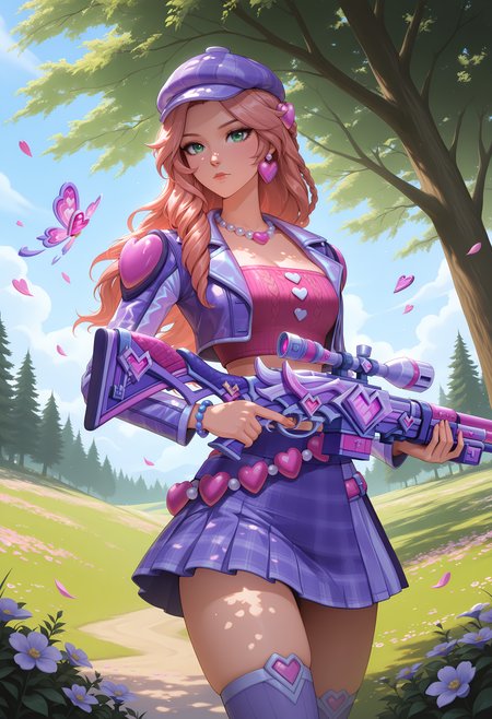 1girl, standing, holding rifle, sniper rifle, trigger discipline, <lora:Heartthrob CaitlynilluLoRA:1> HearrobCait, long hair, drill hair, braid, hair Ornament, green eyes, newsboy cap, heart earrings, braid, hair Ornament, heart, pearl necklace, cropped jacket, tube top, shoulder pads, plaid skirt, loose belt, cowboy shot, breasts, closed mouth, hair ornament, jewelry, necklace, bracelets, long hair, looking at viewer, object namesake, skindentation, solo, thighhighs, thighs, outdoors, flowers, magical meadow, shade, trees, flower petals flying through the air, breeze