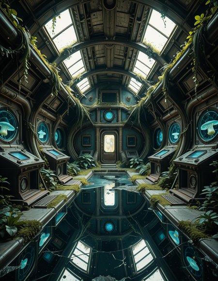 The interior of an ancient abandoned spaceship, overtaken by lush vegetation. The walls and ceiling are covered in thick, twisting vines and moss. Strange alien plants glow faintly in shades of blue and green, casting an eerie, mystical light across the metallic surfaces. Rusted control panels and shattered glass windows hint at a long-forgotten past. The floor is cracked and partially flooded with still, reflective water. Patches of bioluminescent fungi cling to the corners, adding a surreal atmosphere. The air feels heavy with moisture, and beams of soft, diffused light filter through holes in the hull, creating dramatic shafts of light and shadow. The overall style is hyper-realistic, rich in textures, with a cinematic and slightly melancholic mood.<lora:SDXLFaeTastic2400:0.4> <lora:extremely_detailed:0.4> extremely detailed,ancient abandoned sp4c3sh1p, <lora:ancient_abandoned_sp4c3sh1p-i:1>, Masterpiece,best quality,hi res,8k,hi res,8k,award winning,(sharp focus, intricate, highly detailed),