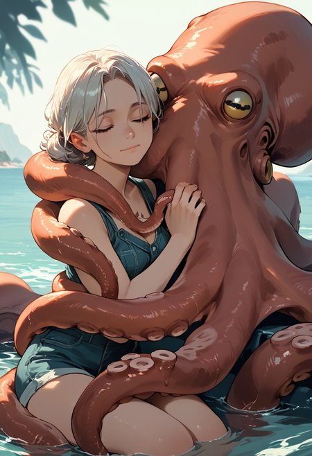 score_9, score_8_up, score_7_up, high quality, 1girl, octopus on chest, hugging