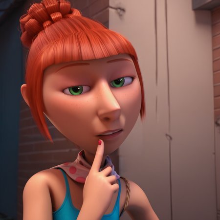 score_9, score_8_up, score_7_up, score_6_up, score_5_up, score_4_up, alley, 3d, <lora:Lucy_Despicable_Me-000007:0.8> , 1girl, lucydm, green eyes, single hair bun, blue dress, scarf, sleeveless, portrait, pointy nose, eyelashes, red hair, BREAK  (freckles:0.8), looking at viewer, half-closed eyes, parted lips, biting own finger,