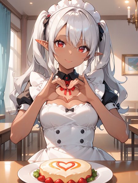 score_9, score_8_up, score_7_up,source_anime, high res image,vivid,masterpiece,best quality,cute girl,cute face,kawaii,clear skin,shiny hair,beautiful eyes,eyelashes,real skin, dark elf,(dark skin:1.2),silver hair,medium breasts,red eyes,twintails,long hair,wavy hair,erotic face <lora:maid cafe_pony_V1.0:1>maid, table, curtains,heart hands,omurice,food