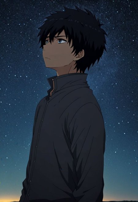 high resolution, solo, best quality, 1Boy, Arata Kaizaki, Black Hair, existential longing, infinite sky, OverallDetail