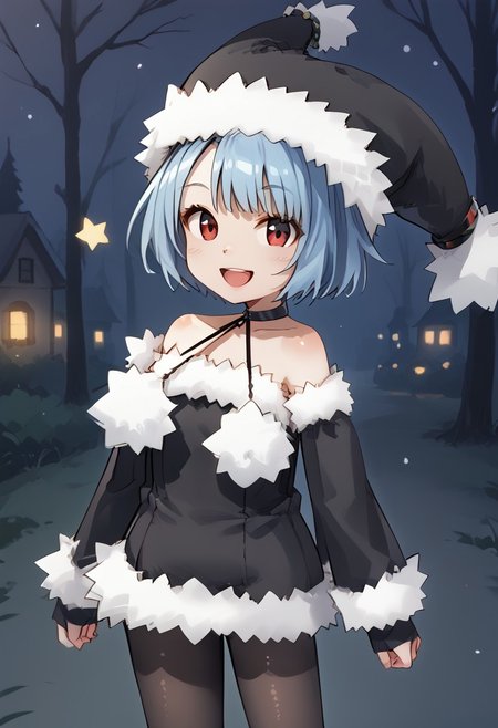 1girl_Witch, blue hair,red eyes,solo,fur-trimmed sleeves, hat, pantyhose, fur-trimmed black dress, fur-trimmed black clothes, fur-trimmed black headwear, fur-trimmed boots , black footwear, bare shoulders, pom pom \(clothes\), choker, detached sleeves,standing,smile,open mouth,((close-up face)),Night forest, 🎃,Halloween, 🎃, night festival,,🔥,