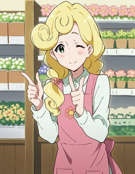 score_9, score_8_up, score_7_up, source_anime, <lora:kaori-hanase-s1-ponyxl-lora-nochekaiser:1>, kaoru hanase, long hair, blonde hair, hair over shoulder, green eyes, curly hair, otoko no ko,, apron, shirt, collared shirt, long sleeves, pink apron, denims, pants,, flower shop, flowers, shelves, arrangements, , <lora:double-finger-gun-ponyxl-lora-nochekaiser:1>, double finger gun,, blush, smile, one eye closed, from side, looking at viewer, solo,, dutch angle, cowboy shot