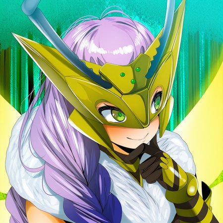 highres, best quality, masterpiece, very aesthetic, newest,1girl,solo,queenbeemon,antenna,purple hair,braided ponytail,hair ornament,green eyes, <lora:QueenBeemonIllustrious:1>,  cropped,upper body,outdoors,forest,wings,energy wings,hand on chin,focusing,looking to side,fumihiko