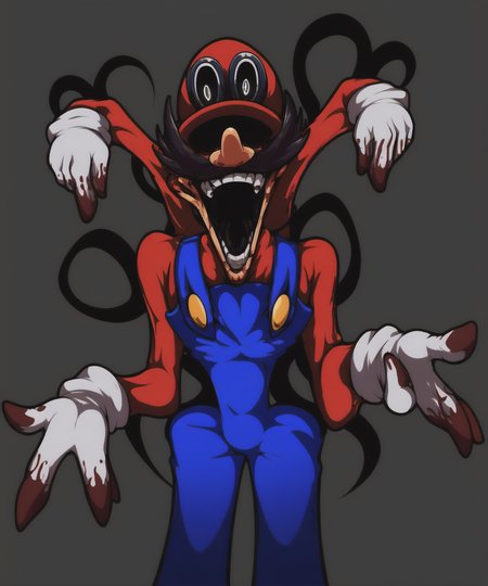 <lora:Ultra_M_FNF_Mario_Madness_v2_PONY_XL_by_Mlaofmd>, <lora:StS_detail_slider_v1:4.0>score_9, score_8_up, score_7_up, 1boy, solo, looking at viewer, low-angle view, ultra m, looking at viewer, hat, facial hair, black sclera, white pupils, white gloves, overalls, forest background,