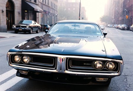 ClassicMuscleCar, black Dodge charger, front side view, foggy morning, New York street, bright headlights, 4K, highly detailed, ((stylish grainy analog 35mm film photo))