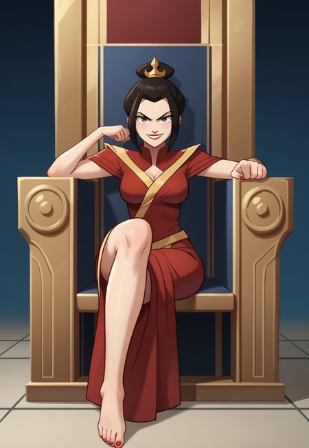 mangamaster, azula, avatar_legends, 1girl, black_hair, brown_eyes, sfw, sitting on a throne, regal pose, confident smile