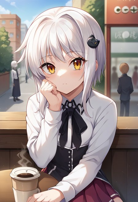 score_9, score_8_up, score_7_up, source_anime, masterpiece, 1girl, ctiank0nek0, dress shirt, pleated skirt, black ribbon, red skirt, half black uniform, long sleeves, outdoors, city, depth of field, looking at viewer, sitting, coffee shop, table, hand on chin, pov, <lora:Konekko_dxd_pony_ct:1>