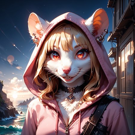 (score_9, score_8_up, score_7_up), Best quality, subsurface scatter, realistic, soft lighting, soft shadows, photorealistic rendering, depth of field, Natural light interplay on fur, outside, cliff overlooking the ocean, sunset, sunset meets ocean horizon, ((backlit)), Lifelike hair gloss,  god rays, Photorealistic color grading, expressiveh, ((((extreme closeup)))), (close to viewer), ((portrait)), bokeh
<break>
Skaven, ratfolk, solo, ((pink hoodie)), choker, furry 1girl, ((((body out of frame)))), detailed face, golden earrings, ear piercings, detailed ears, ears through hood, shimmering eyes, clean, pristine, beautiful, cute, (((detailed fur, fur tufts, thick fur))), adorable smile, (((white fur), blonde hair)), long hair, (bangs), red eyes, cleavage, gothic fashion.