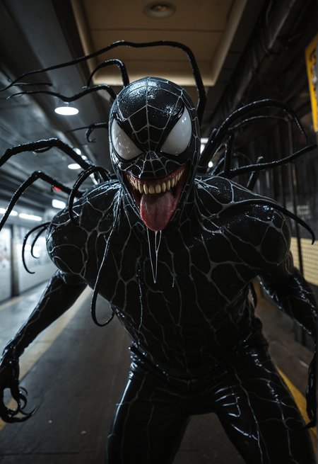 raw photo of Symbiote with creeping black tendrils, fangs, urban subway setting, cinematic lighting, high contrast, gritty and dynamic