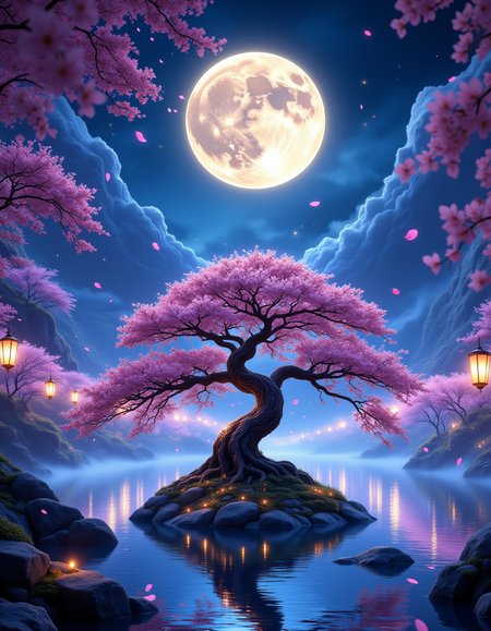 A breathtaking fantasy landscape illuminated by a full moon, its radiant glow casting a soft ethereal light across the scene. Surrounding the moon, delicate pink cherry blossoms drift gently in the night breeze, their petals glowing faintly as they descend. An ancient Japanese-style bonsai tree stands proudly in the foreground, its curved branches elegantly reaching toward the sky. Tiny luminescent orbs, resembling fireflies, pulse with golden light along the textured bark, creating an enchanting, mystical aura.  
Below, the waterâs surface reflects the moonâs brilliance, rippling gently as neon-tinted hues dance across the mirrored landscape. The surrounding environment is bathed in vibrant blues, purples, and soft pinks, blending together to create a surreal and dreamy atmosphere. Wisps of mist rise from the ground, swirling with an otherworldly glow, enhancing the sceneâs magical realism.  
The background extends into a neon-lit fantasy world, with softly illuminated floating lanterns and faint shimmering lights in the distance. Every detail is rendered in ultra-high resolution, with hyper-realistic textures and cinematic lighting emphasizing the depth and grandeur of the composition. A masterpiece of fantasy realism, blending dreamlike beauty with intricate natural elegance.
<lora:aidmaMJ6.1_v0.5_3:0.4> aidmamj6.1 <lora:DreamArtFlux:0.15> DreamArt <lora:aidmaMJ6.1v0.4:0.4> aidmaMJ6.1 <lora:FluxMythR3alisticF:0.2> R3alisticF <lora:FluxDFaeTasticDetails:0.15>  <lora:aidmaFLUXpro1.1light-FLUX-V0.1:0.4> aidmafluxpro1.1