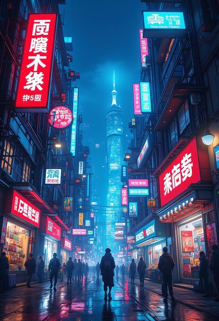 A street of the city at night in a cyberpunk style. Bright neon signs and lights in blue and red tones illuminate the surrounding space. Shop windows and billboards shine with cool lighting effects, creating a futuristic atmosphere. In the distance, people can be seen immersed in daily activities, surrounded by tall buildings with shimmering signs in Chinese