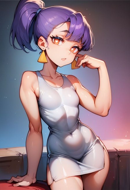 score_9, score_8_up, score_7_up, best quality, highest score, 1girl, looking at viewer, bodycon dress, in nightclub, shiny skin, white pupils, multicolored purple hair, ponytail, zPDXL2, zvezdochka