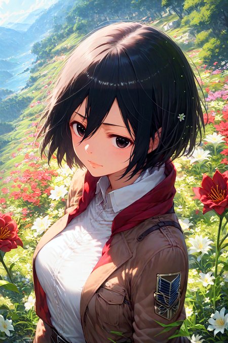 score_9, score_8_up, score_7_up, score_6_up, score_5_up, score_4_up, anime ,<lora:add-detail-xl:1.2>, <lora:xl_more_art-full_v1:1.2> BREAK, <lora:Expressive_H:0.8>  ,dungeon, <lora:mikasa ackerman-PonyXL:0.8> mikasa ackerman, black eyes, black hair, short hair, , <lora:lily_style_xl:0.8> (flower:1.6), field of flowers, red lilies, relaxed pose
