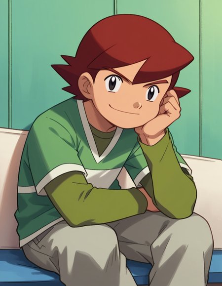 score_9, score_8_up, score_7_up, source_anime,
<lora:pokemon-kenny-anime-ponyxl-lora-nochekaiser:1>, kenny, short hair, bangs, red hair, male focus, black eyes, 
shirt, long sleeves, short sleeves, pants, green shirt, grey pants,
indoors, sitting, head rest, smile,
looking at viewer, cowboy shot, dutch angle, solo,