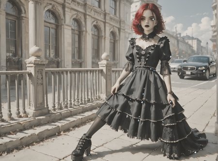 score_9, score_8_up, score_7_up, setting focus, character in foreground, establishing shot, 1girl, pale skin, medium breasts, <lora:sm0k3XLP:1>, <lora:goth_clothes:1>, goth dress, gothic, black dress, detailed dress, black high heeled shoes, crimson red hair, black highlights, <lora:nashidrop:1>, <lora:Eldritch_Universe_Style:1>,