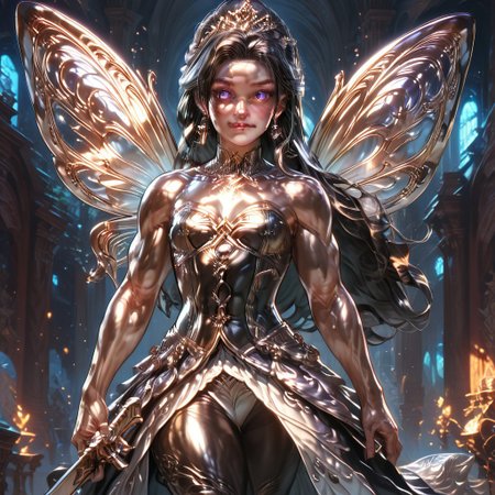 Action scene, detailed, photo realistic, hyper realistic, score_9, rating_safe, solo ((arch fey, violet eyes, (beautiful woman, white underbust corset, skirt, pants, sword belt, and holding a sword), (huge muscles, small petite breasts, muscular thighs, muscular biceps, muscular shoulders, toned abs), ((bronze metallic gold skin ral-polishedsteel)), (fairy wings), (long black hair))), (standing next to a multicolored crystal throne, in a detailed throne room filled with treasures, detailed lighting), hi res, hi quality, 4k, concept art, digital art, realistic, detailed background, lens flare, pixel art, piratical beauty, great lighting