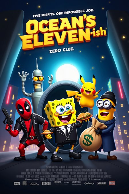 A vibrant and action-packed movie poster titled "Ocean's Eleven-ish," featuring an all-star cast of Spongebob Squarepants, Pikachu, Deadpool, Bender from Futurama, and a Minion from Despicable Me in the middle of an epic heist. The characters are gathered together in a dramatic, stylized pose, each showcasing their unique personalities and quirks.

In the center, Spongebob, dressed in a slick black suit and tie, holds a briefcase filled with Krabby Patties, grinning confidently. To his right, Pikachu wears a tiny black hat, sparks of electricity surrounding him, ready to short-circuit any security system. Deadpool, with his iconic red-and-black suit, wields a combination of weapons and gadgets, including a taco in one hand, adding his trademark irreverence. Bender, sporting a fedora and a cigar, has his extendable arm reaching into a high-tech safe, his face lit up with greed. The Minion, dressed in a thief’s outfit with a black beanie and eye mask, clutches a large sack marked with a dollar sign, struggling to keep it upright as he gives a mischievous wink.

The background shows a futuristic cityscape under the cover of night, with neon lights reflecting off the sleek buildings. In the distance, a towering vault door glows ominously, hinting at the high-stakes target of their heist. The sky is lit with bright city lights and a full moon, adding a dramatic atmosphere to the scene.

The title "Ocean’s Eleven-ish" is splashed across the top in bold, gold lettering, with the tagline beneath it reading, "Five Misfits. One Impossible Job. ZERO CLUE." The credits at the bottom are filled with humorous nods, like "Directed by Heisty McHeistface".

The overall vibe of the poster is a mix of comedy, action, and absurdity, perfectly capturing the chaotic energy of this unlikely team of characters teaming up for the most outrageous heist the world has ever seen.