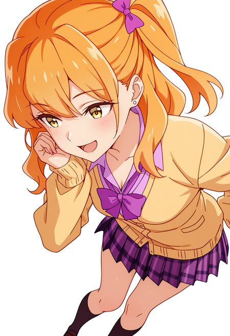 masterpiece,high quality details,absurdres, 
 <lora:Chibana_Sumika:0.8>
sumika_cnr, 1girl,orange hair, long hair, yellow eyes,one side up, bangs,stud earrings, 
sumika_s2, gyaru, kogal, plaid skirt, pleated skirt, yellow cardigan, collared shirt, hair bow,purple bowtie, kneehighs, stud earrings, long sleeves,, simple background, white background, dynamic angle,solo,, :d,
