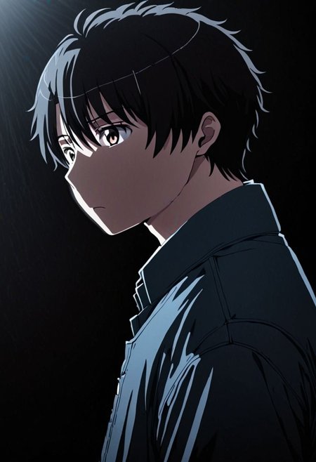 high resolution, solo, best quality, 1Boy, Inaho Kaizuka, Black Hair, cool, Mysterious black background, Movie lighting, a sense of atmosphere, OverallDetail