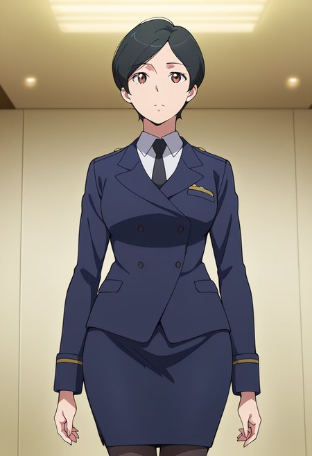 masterpiece, best quality, amazing quality, very aesthetic, absurdres, newest, illustration, perfect composition, intricate details, highres, anime coloring, 1girl, solo, (cowboy shot:1.2), kaoruww, mature female, brown eyes, black hair, short hair, formal, military uniform, skirt suit, black necktie, blue military jacket, white collared shirt, long sleeves, blue pencil skirt, black pantyhose, black high heels, looking at viewer, shiny body, shiny skin, skindentation, clear skin, shiny hair, ultra detailed eyes, depth of field, sharp, intricate details, hyperdetailed, ultra-detailed, detailed clothing folds, high contrast, dynamic light <lora:Mizusaki_Kaoru_Aldnoah_Zero_ill_v1.1:1>