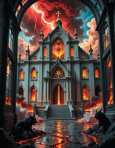 A once-majestic celestial temple, now under siege by the forces of Hell. The grand white stone structure is cracked and scorched, its golden crosses twisted and broken. The stained-glass windows, once glowing with warm divine light, are now shattered, with demonic symbols glowing ominously in their place. The sky, once a serene blue, is now consumed by dark storm clouds, swirling with red lightning and thick smoke.
Black, jagged chains extend from the sky, wrapping around the temple as if trying to pull it down into the abyss. The once-fluffy clouds beneath the structure are now a chaotic mix of fire, ash, and dark mist, with glimpses of molten lava cracks below. Infernal creatures with glowing red eyes lurk in the shadows, their silhouettes barely visible through the smoke and fire.
The temple doors are blown open, revealing an eerie red glow emanating from within, as if Hell itself is consuming the sacred space. Massive demonic runes are etched into the stone, pulsating with an unholy energy. The entire scene is bathed in a deep crimson and orange glow, giving it an apocalyptic and nightmarish atmosphere.
Style & Lighting:
- Dark fantasy, highly detailed
- Dramatic, high-contrast lighting with fiery glows
- Cinematic composition, epic scale
- Strong use of shadows, embers, and atmospheric foghighly detailed and atmospheric view from inside a massive birdcage, large enough for a human to stand inside. The cage is made of ornate, aged metal bars with intricate Victorian-style patterns, curving elegantly towards the domed ceiling. Sunlight filters through the gaps between the bars, casting long, dramatic shadows on the wooden floor. Delicate vines and small flowers have begun to grow around the bars, adding a touch of nature reclaiming the space. The background beyond the cage is blurred, hinting at a lush garden or a mysterious, abandoned mansion. The ambiance is serene yet slightly melancholic, with warm golden light illuminating dust particles floating in the air. Soft feathers are scattered on the floor, adding to the sense of quiet abandonment. The perspective makes the viewer feel as if they are inside the cage, looking outward, surrounded by both beauty and confinement. The style is highly detailed and realistic, with a cinematic and slightly surreal atmosphere.
<lora:SDXLFaeTastic2400:0.4> <lora:extremely_detailed:0.4> extremely detailed 
<lora:evil_celestial_t3mpl3-i:1> evil celestial t3mpl3, Masterpiece,best quality,hi res,8k,hi res,8k,award winning,(sharp focus, intricate, highly detailed),