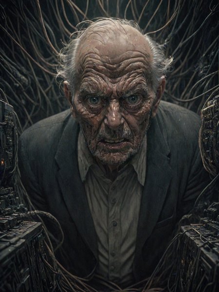 analog film photo an angry old man, looking at the viewer, in a dark room full of wires and computers. intricate, elegant, highly detailed, digital painting, artstation, concept art, sharp focus, illustration, by justin gerard and artgerm, 8 k. unreal engine. art byames gurney and laurie greasley, very coherent symmetrical artwork. cinematic, hyper realism  <lora:CyberpunkSDXL:1> Cybperunk Style, [prompt] <lora:LCM_LoRA_Weights:0.7>, dramatic lighting, faded film, desaturated, 35mm photo, grainy, vignette, vintage, Kodachrome, Lomography, stained, highly detailed, found footage