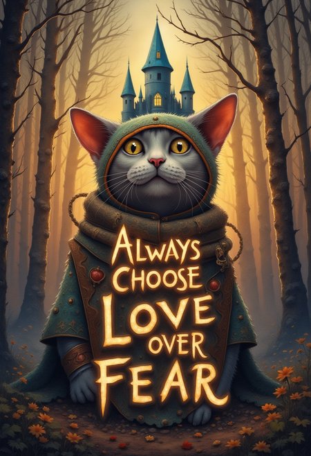 Typography stylised text "Always Choose Love over Fear" cinematic grain, analog raw photo, epic whimsical fantasy world, castle cat fairy l10nhe43t