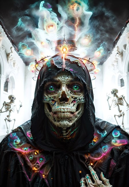 score_9, score_8_up, score_7_up, face focus, extreme perspective, closeup, creepy and mysterious (Peacock angel of death), cloak and hood made of peacock, vibrant colors, skeletal features, bony pictures giving a thumbs up, dark crypt-like background, inside, highly detailed, rich colors, inner glow, dynamic composition