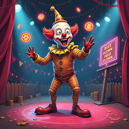 Quirky cyberpunk circus: A hilariously out-of-control robot clown juggling neon 'buzz coins' on a glitchy, futuristic carnival stage. The scene bursts with vibrant colors, exaggerated expressions, and playful details that blend vintage circus flair with modern digital absurdity. In the ground there is a sign that says "Buzz the Clown, Feed the Clown"