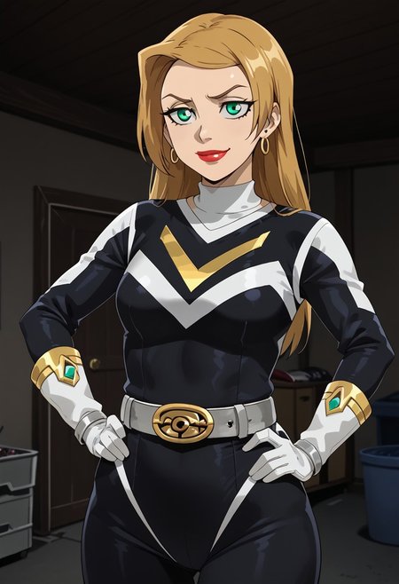score_9, score_8_up, score_7_up, BREAK,
1girl, solo,  Sarah, green eyes, blonde hair, long hair, hairclip, earrings, lipstick, muscular, medium breasts, narrow waist, wide hips, sentaisaintforce, black bodysuit, silver belt, white gloves, spandex,  m-shaped chest symbol, helmet removed, no headwear,BREAK,
cowboy shot, smug, half-closed eyes, standing, hand on hip, indoors, garage, night,