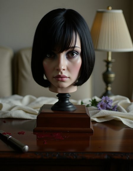 surrealistic photography. Whimsical yet Numb. A Living human head is mounted on a pedestal, atop an elegant mahogany desk. Her head belongs to an Eastern European beauty, with black hair in a bob cut. There is also a bloodstained knife present on the desk. Exquisite composition, soft lightings <lora:Dever_Flux_Enhancer:0.5> <lora:Movie_Portrait:1> <lora:Herbst_Photo_Style_v3:1> herbstphoto, herbst photo, 35mm
