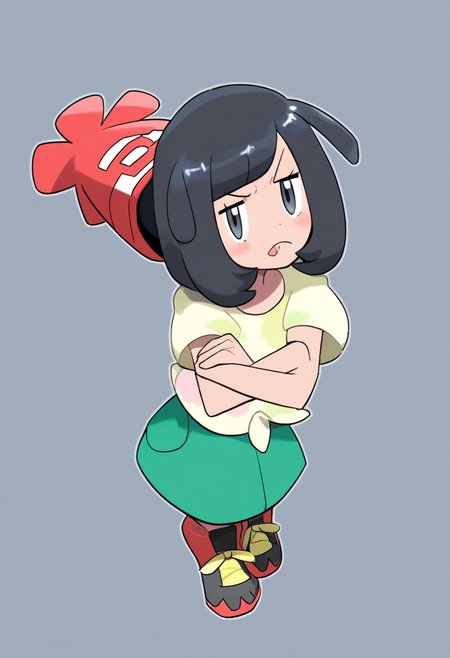 tongue, c0smi5, pokemon, pokemon_sm, selene_(pokemon), 1girl, black_hair, blush, closed_mouth, crossed_arms, frown, glaring, grey_eyes, hat, jitome, looking_at_viewer, medium_hair, red_hat, shirt, short_sleeves, solo, Selene_(Pokemon), TzigoCBS, yellow_shirt, original anime style, full body