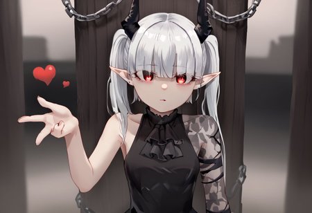 1girl, solo, blowing kiss, heart, chained_sarkaz_girl, black dress, asymmetrical clothes, patterned clothes, single sleeve, black ascot, hair over eyes, eyes visible through hair, demon horns, blunt bangs, red eyes, pointy ears, pale skin, white hair, grey hair, twintails