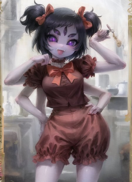 ((best quality)), ((highly detailed)), masterpiece, ((official art)), detailed face, beautiful face, (detailed eyes, deep eyes), (1girl:1.33, solo), <lora:muffetUndertale_v3:1>, Muffet, muffetwear, 5 eyes, spider girl, (6 arms), detailed hands, ((fangs)), purple eyes, ((purple colored skin:1)), pigtails, :D