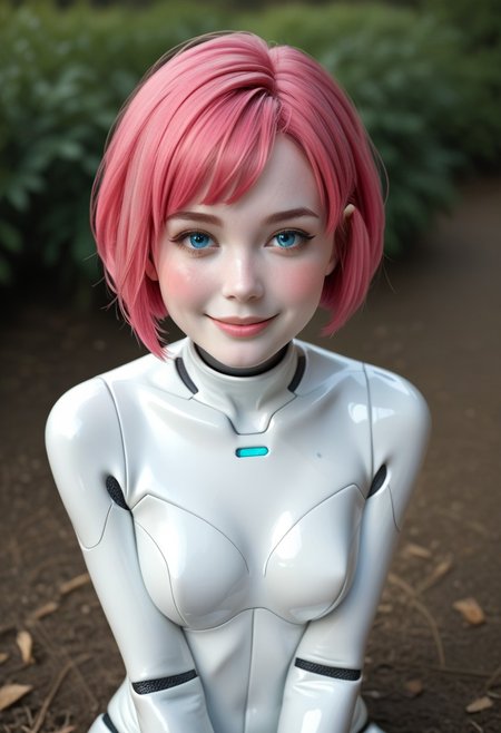 score_4,score_5,score_6,score_7_up,score_8_up,score_9 ((masterpiece,best quality,ultra detailed,highres,HD,4k:1.2)), 
outdoor,
1girl,solo,gir focu,solo focus,face focus,
((android,robot girl,colored skin,white skin,very short hair)),pink hair,bungs,blue eyes,
bodysuit,elbow gloves,thighhighs,thigh boots,
looking at viewer,blush,shy,smile,
looking at viewer,shy,blush,smile, realistic