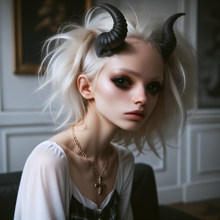 score_9_up, score_8_up, score_7_up, (masterpiece), (best quality), (ultra-detailed), (very aesthetic:1.2), intricate details, perfect composition, absurdres,
1girl, solo, <lora:bdemonpony011:1>, colored skin, pale skin, white skin, black hands, black feet, pitch black eyes, monster girl, skinny, anorexic, slim, horns, white hair,  
chain necklace, cross necklace, bracelets, white shirt and plaid skirt, 
indoors, dark black room, music decorations, 80's punk style, solo,
