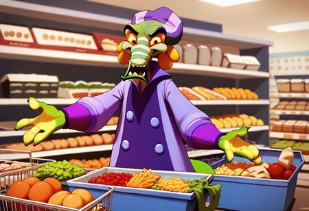 score_9, score_8_up, score_7_up BREAK NOxide, 1boy, four legs, purple clothes, purple wristbands, buying groceries at supermarket, crowded supermarket indoors, shopping at supermarket, happy, joyful,