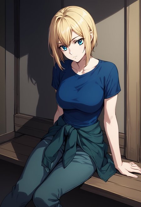 score_9, score_8_up, score_7_up, at room. Indoor,,night view, moonlight,female,louise halevy, blonde hair, blue eyes, blue t-shirt,green shirt around waist,pants,sitting