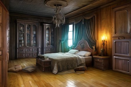 RAW photo, (masterpiece:1.3), subsurface scattering, heavy shadow, (high quality:1.4), (intricate, high detail:1.2), professional photography, HDR, High Dynamic Range, realistic, ultra realistic, photorealistic, high resolution, film photography, ambient lighting, atmospheric effects, <lora:detail_slider_v4:2>, OverallDetail,  <lora:HauntedHouse:1>, bed, book, bookshelf, box, candlestand, cup, curtains, dark, door, hauntedhouse, indoors, no humans, scenery, silk, table, window, wooden floor