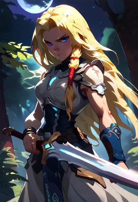 Score_9_up, score_8_up, score_7_up, Expressiveh,torunn, 1girl, long hair, blonde hair, solo, blue eyes,wristband, breastplate,hair tubes,warrior, calm, closed mouth, BREAK hkwarrior, ((holding a  sword(broadsword) in hand))), with glowing turquoise blue lighting effects, outdoor,night,full moon, viking architecture,forest, full bodyFOV 90 degrees
knee level shot, looking at viewer,