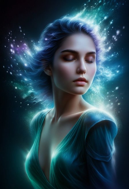 A digital painting depicting an ethereal female character with pointed elfin ears, viewed from a slightly elevated angle to the right. The character has a serene expression with closed eyes, lips gently parted, and illuminated by glowing, ethereal light streams in shades of electric blue, aquamarine, teal, and white. Her hair blends seamlessly into flowing, luminous energy waves that swirl around her head and shoulders, creating a sense of motion and otherworldliness. These swirling energy fields and neon-colored particles are intertwined with translucent liquid-like formations, adding depth and dimension to the composition. The character's skin appears smooth and pale, with subtle highlights enhancing her facial features. Small, sparkling emerald green and lavender orbs adorn her face and shoulders, reflecting the surrounding light. The background is dark and indistinct, enhancing the focus on the luminous figure. Softly glowing wisps of vapor or energy flow dynamically throughout the scene, contributing to the mystical atmosphere. The overall color palette includes deep navy blues, vibrant purples, soft whites, and various iridescent hues, with high contrast between the bright luminous elements and the darker surroundings. This striking composition evokes a sense of fantasy and tranquility, blending dreamlike and supernatural elements in a captivating digital artwork.