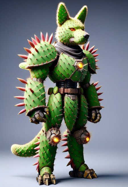 score_9, score_8_up, score_7_up, cs-l3ath3r, NCRender, 
Hidegarurumon is a fierce, wolf-like Digimon covered in rugged, dark brown Prickly Cactus armor. Its fur is sparse and resembles a patchwork of aged, Prickly Cactus  pieces that provide both flexibility and durability. The armor on its body is reinforced with Prickly Cactus  straps and buckles, designed to offer both protection and mobility. Its glowing yellow eyes shine through a mask-like Prickly Cactus  faceplate, and sharp Prickly Cactus claws extend from its paws, capable of tearing through most materials. A large, jagged Prickly Cactus tail swishes behind it, hardened to serve as both a weapon and a tool for balance in combat. NCRender