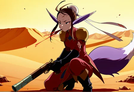 anime screenshot, anime screencap, anime coloring, 1girl, solo, brown hair, black eyes, sidelocks, single hair bun, bun cover, eyeliner, pointy ears, animal ears, fox tail, chinese clothes, shoulder pads, pants, elbow gloves, boots, holding gun,outdoors, desert, sweat, on one knee, spitting blood, injury, serious <lora:ursula_illus_bof:1>, masterpiece, best quality, amazing quality, very aesthetic, absurdres, highres, newest