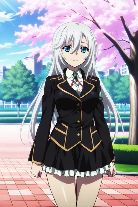 anime screenshot, strike the blood, 1girl, solo, la folia rihavein, grey hair, long hair, hair between eyes, blue eyes, large breasts, school uniform, black jacket, white shirt, collared shirt, long sleeves, jewelry, gem, neck ribbon, red ribbon, black skirt, pleated skirt, frilled skirt, looking at viewer, smile, closed mouth, outdoors, park, cherry blossoms, masterpiece, best quality, high quality, highres, absurdres,  <lora:la_folia_rihavein_ILXL:0.9>