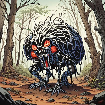 score_9, score_8_up, score_7_up,score_6_up, score_5_up, score_4_up,source_anime,retro artstyle,halftone effect,epic,intricate linework,no humans,creature focus,a black furred barghest with glowing red eyes skulking in the woods,full body,outdoors,forest,horror