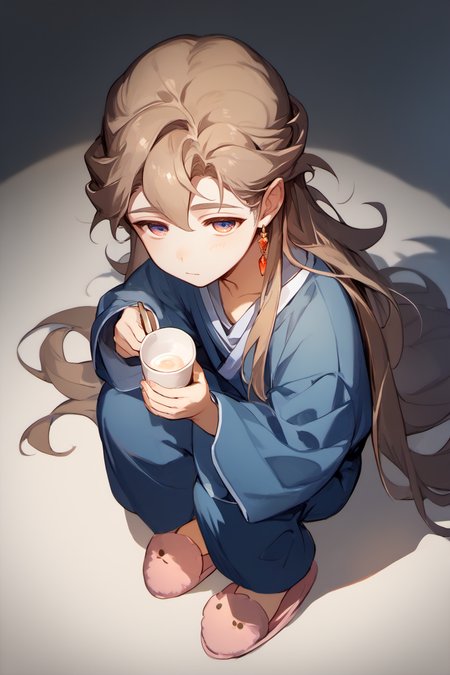 score_9, score_8_up, score_7_up, masterpiece, best quality, 1boy, solo, young boy,   shentafei, light brown hair, two-colored eyes,long hair, <lora:ShenTafeiPonyV3:1>,   full body,  <lora:sketchDiffusionDora_v10:0.8>, blue pajama, soft slippers, cup of coffe, holding, sleepy
