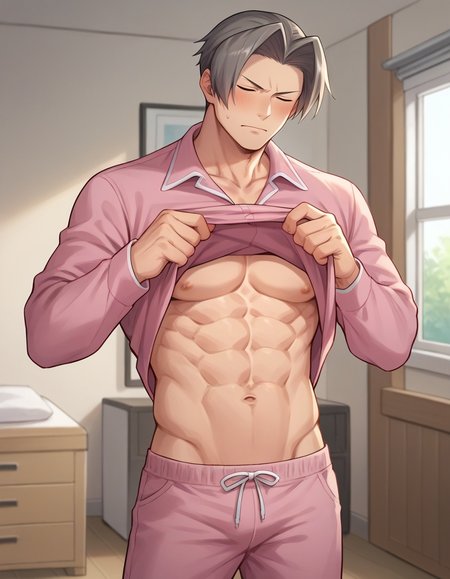 sscore_9, score_8_up, score_7_up, source_anime, miles edgeworth, 1boy, male focus, solo, muscular male, large pectorals, abs, closed eyes, v-shaped eyebrows, closed mouth, blush, embarrassed, indoors, pajamas, collared shirt, pink shirt, pink pants, shirt lift, lifted by self, clothes lift, cowboy shot, navel, casual, bedroom, <lora:miles_edgeworth_pony:1>